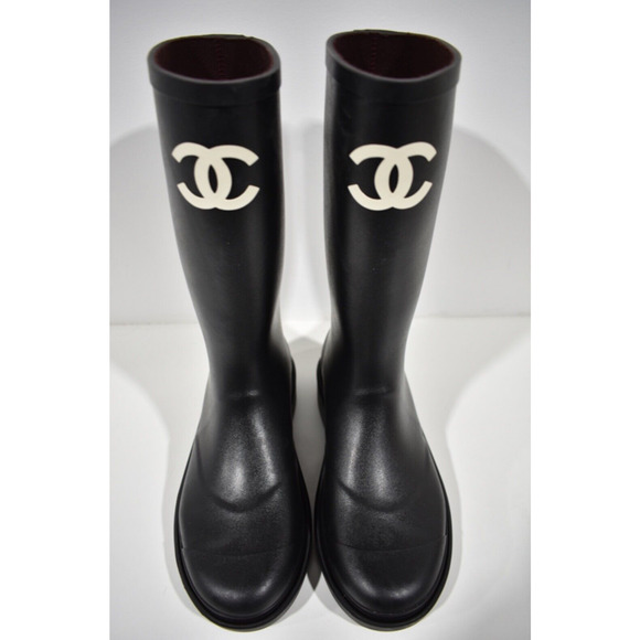Chanel REV Black White Caoutchouc CC Logo High Pull On Rubber Rain Boots 42 - Picture 7 of 12